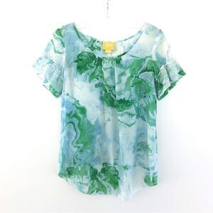 Anthropologie Maeve Top Silk Cotton Ruffle Flounce Sleeve Green/Blue Print FLAW